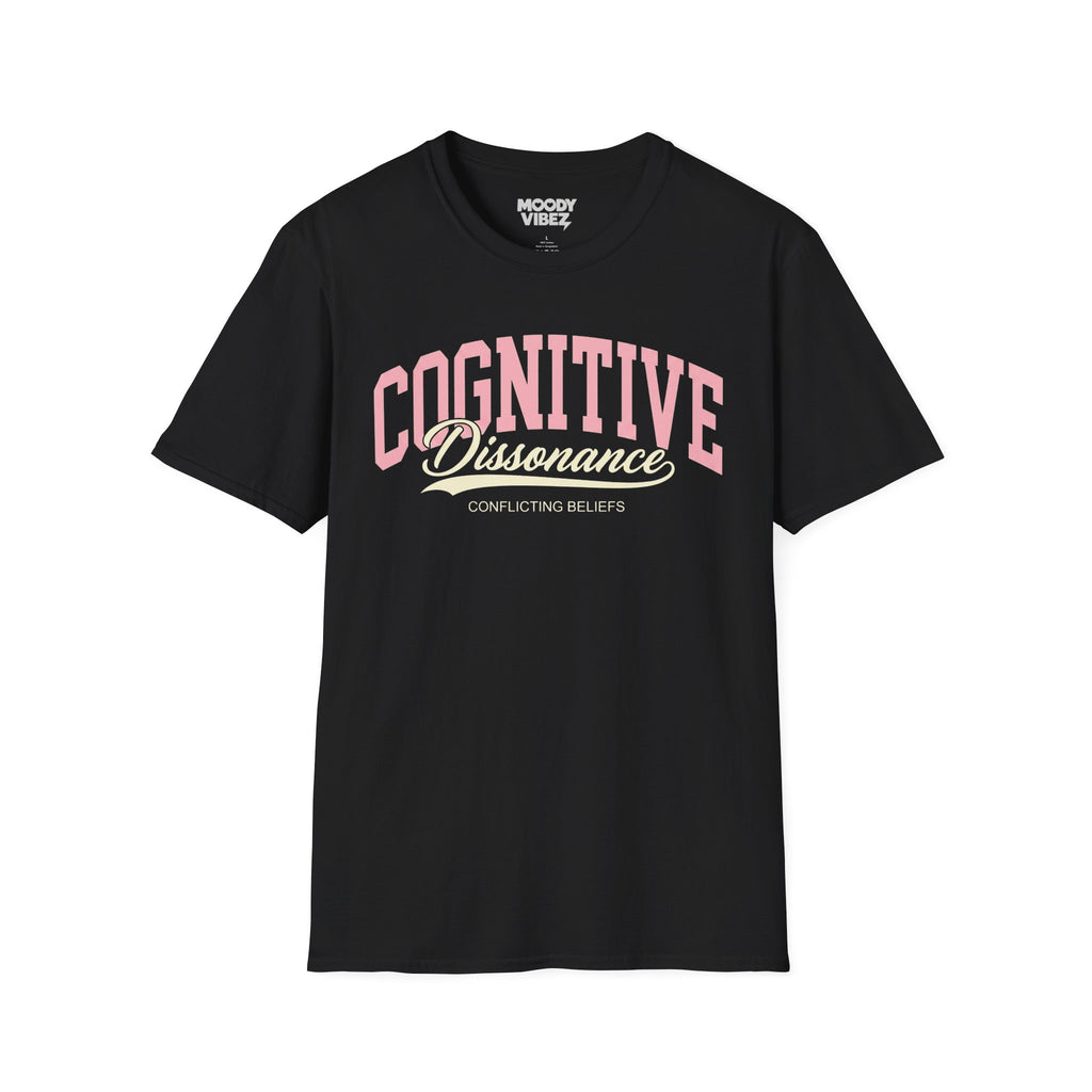Cognitive Dissonance T-Shirt — Retro Script Graphic Tee ("Conflicting Beliefs")