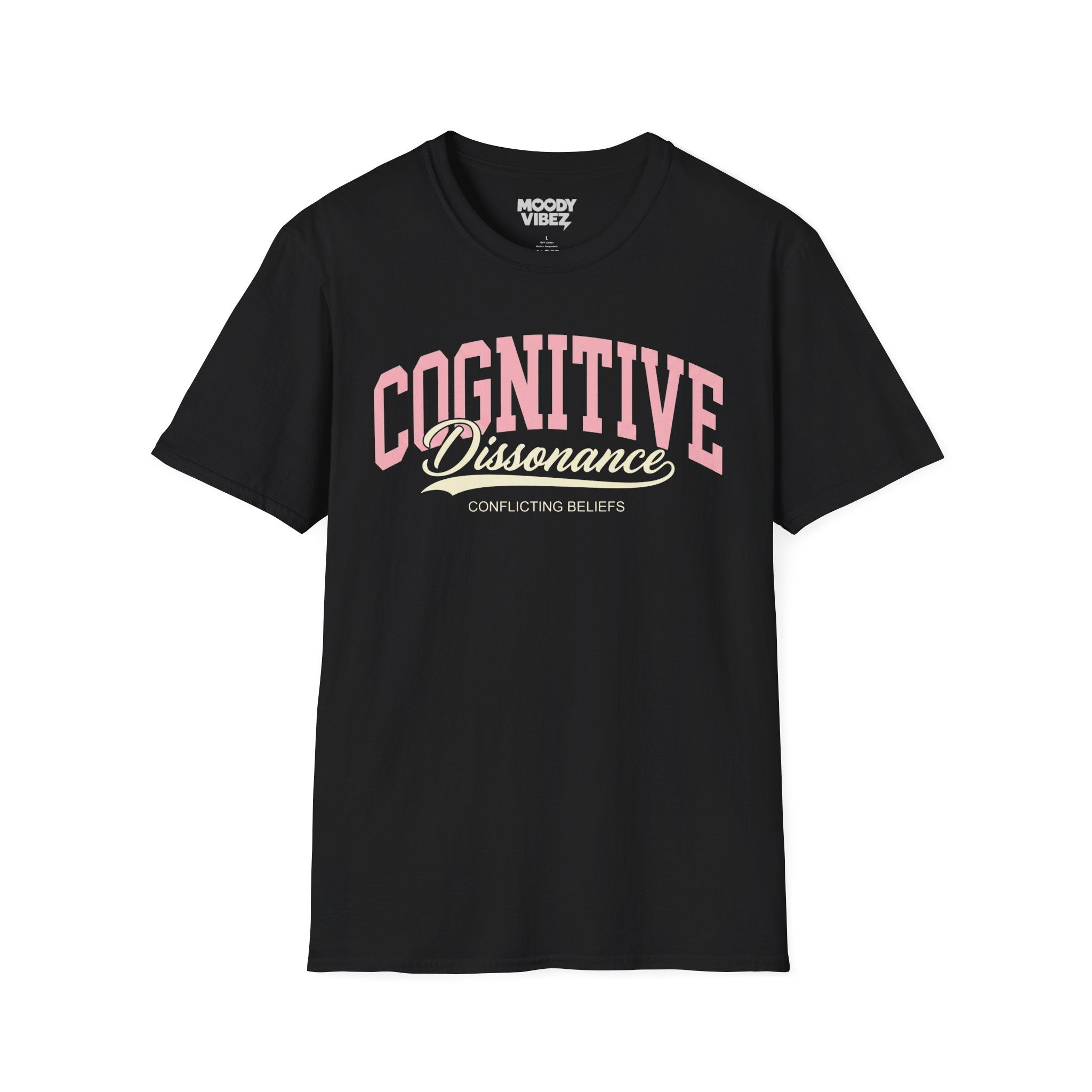 Cognitive Dissonance T-Shirt — Retro Script Graphic Tee ("Conflicting Beliefs")