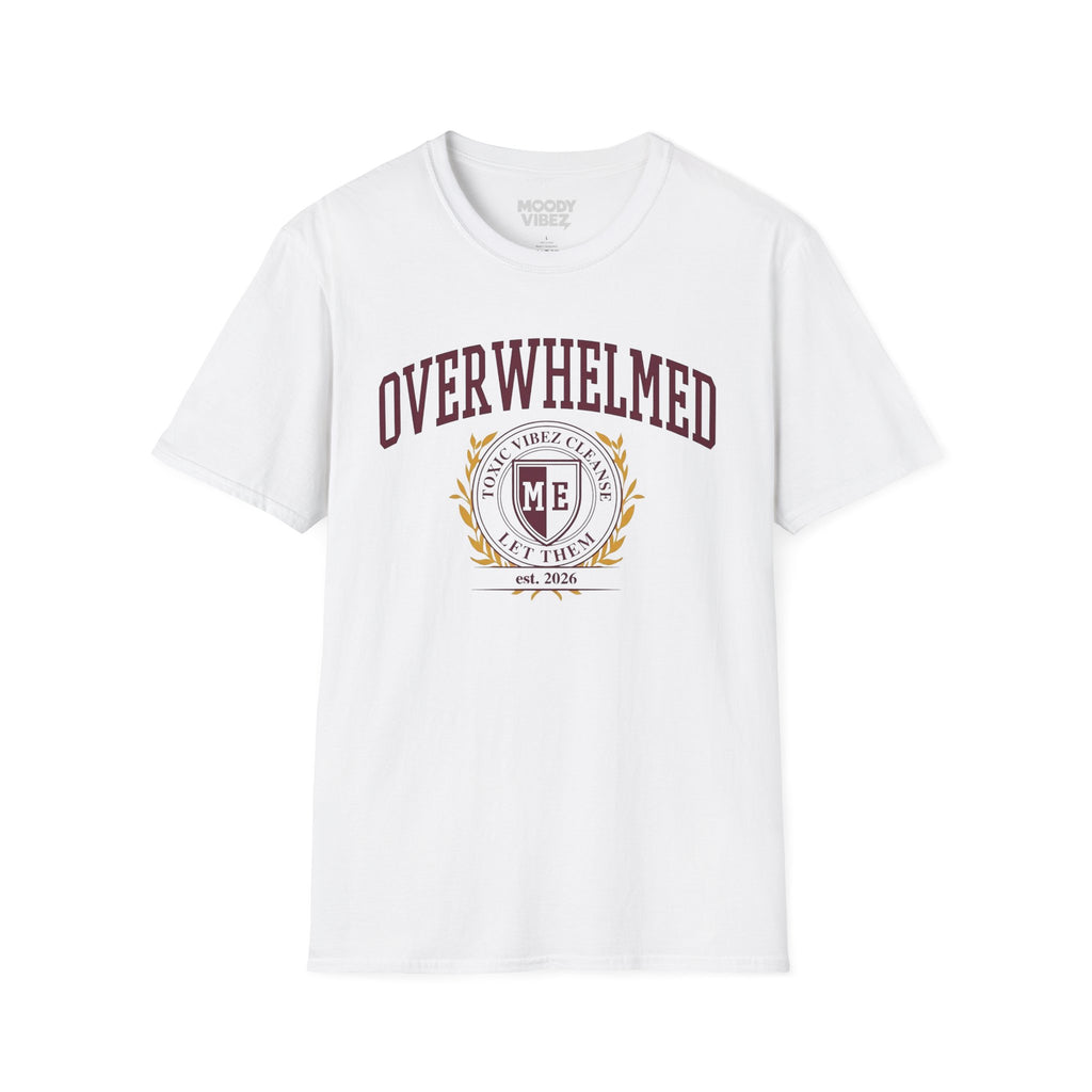 Overwhelmed College Crest T-Shirt — 'Toxic Vibez Cleanse' Graphic Tee