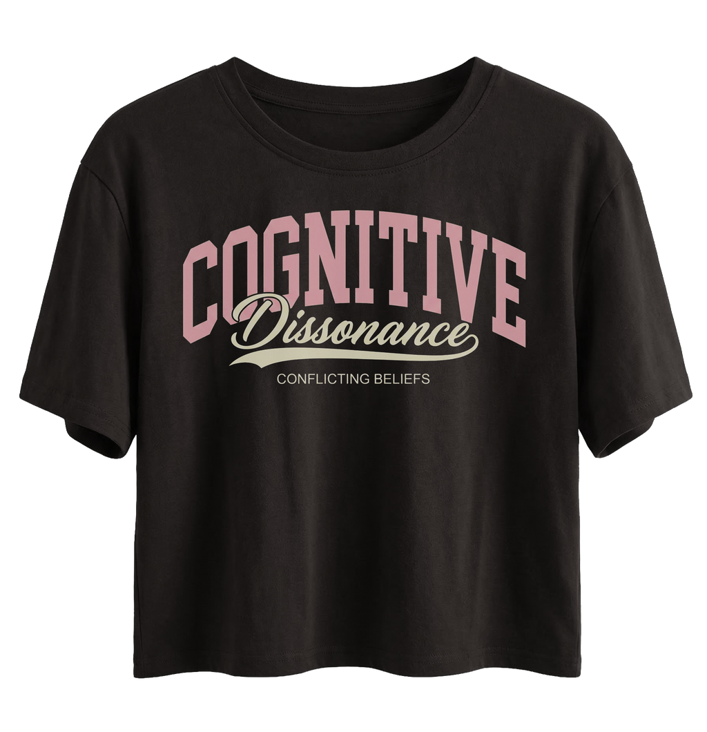 Black t-shirt with 'Cognitive Dissonance' text in pink and white on a white background