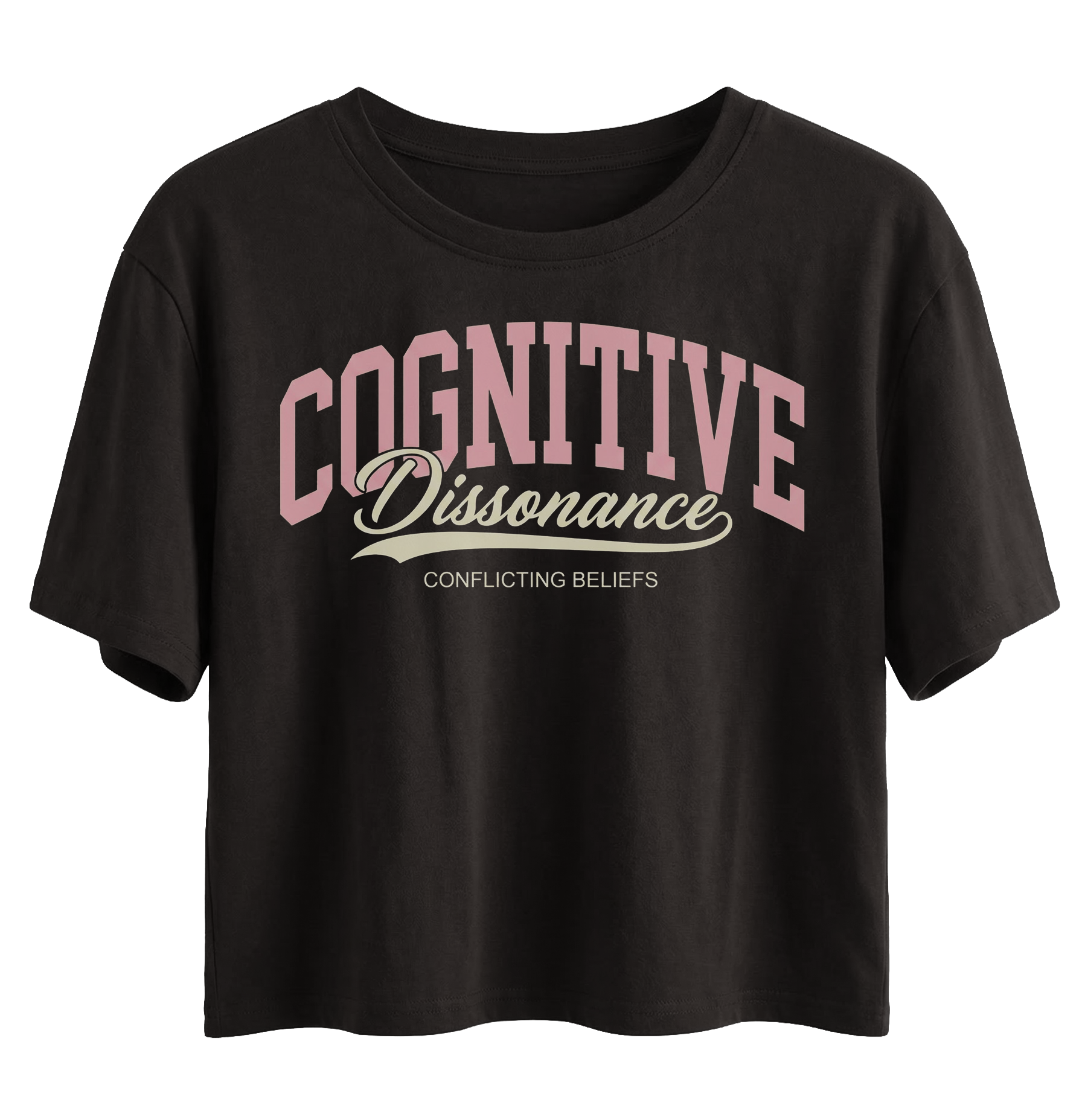 Black t-shirt with 'Cognitive Dissonance' text in pink and white on a white background