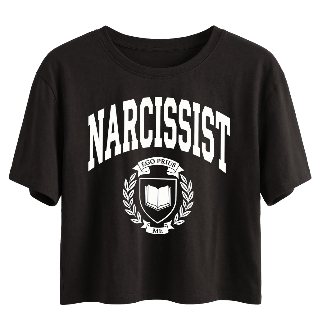 Black t-shirt with 'NARCISSIST' text and emblem design on a white background