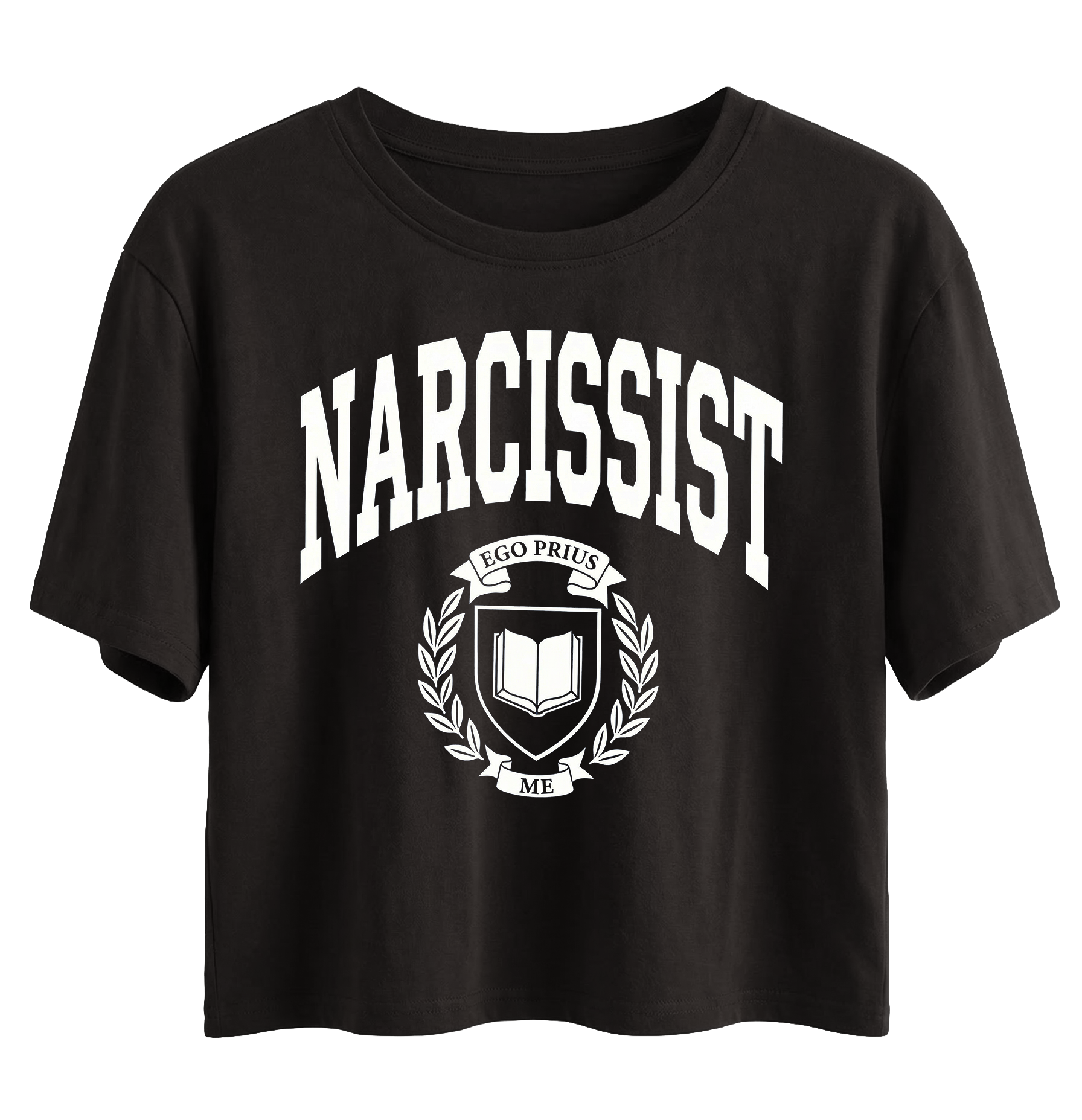 Black t-shirt with 'NARCISSIST' text and emblem design on a white background