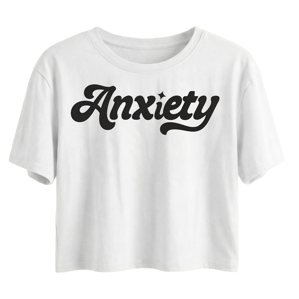 White t-shirt with 'Anxiety' printed in black on a white background