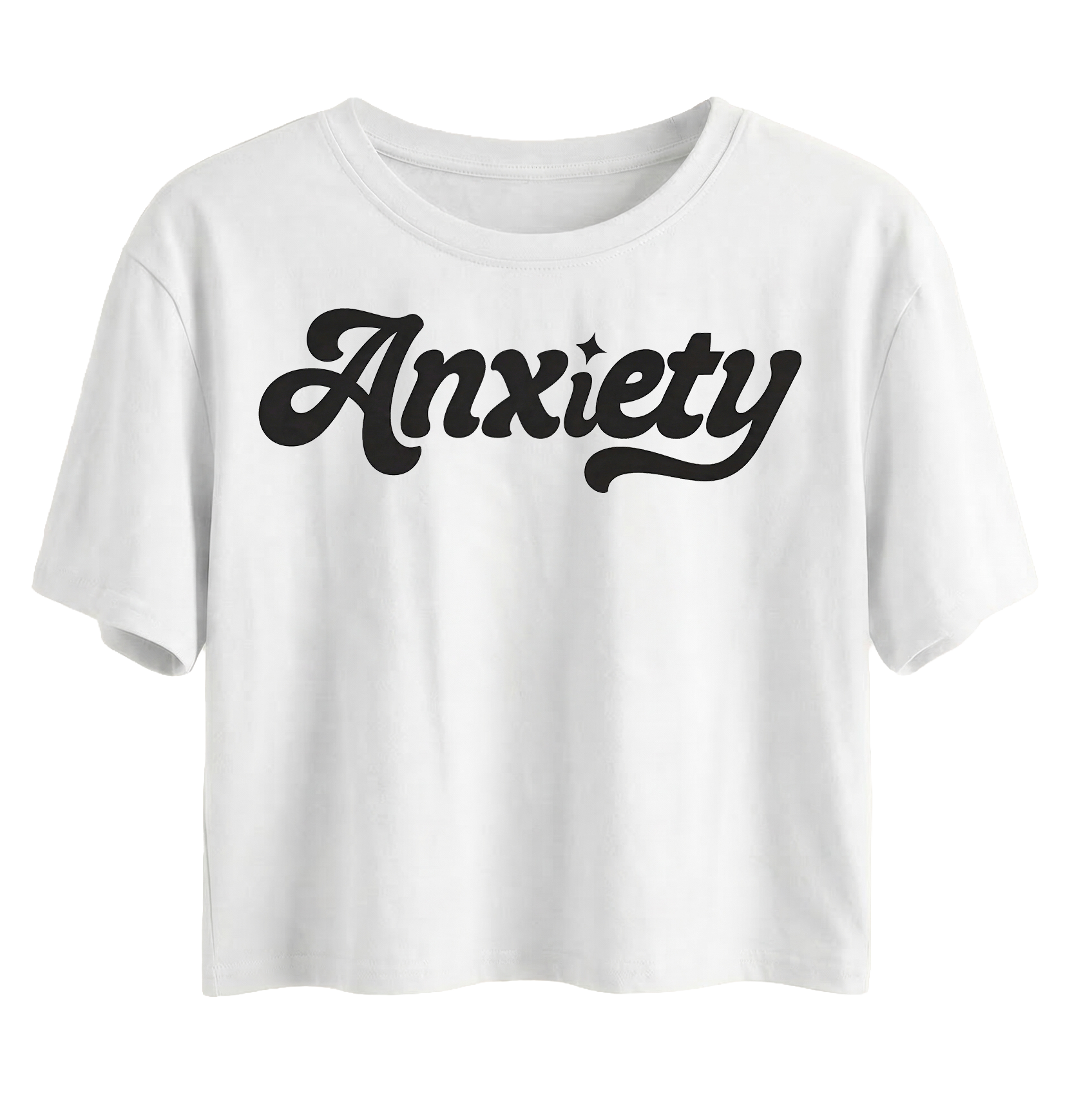 White t-shirt with 'Anxiety' printed in black on a white background