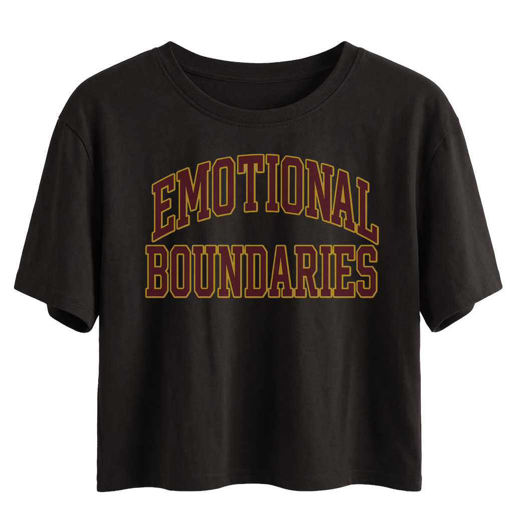 Black t-shirt with 'EMOTIONAL BOUNDARIES' text in maroon on a white background