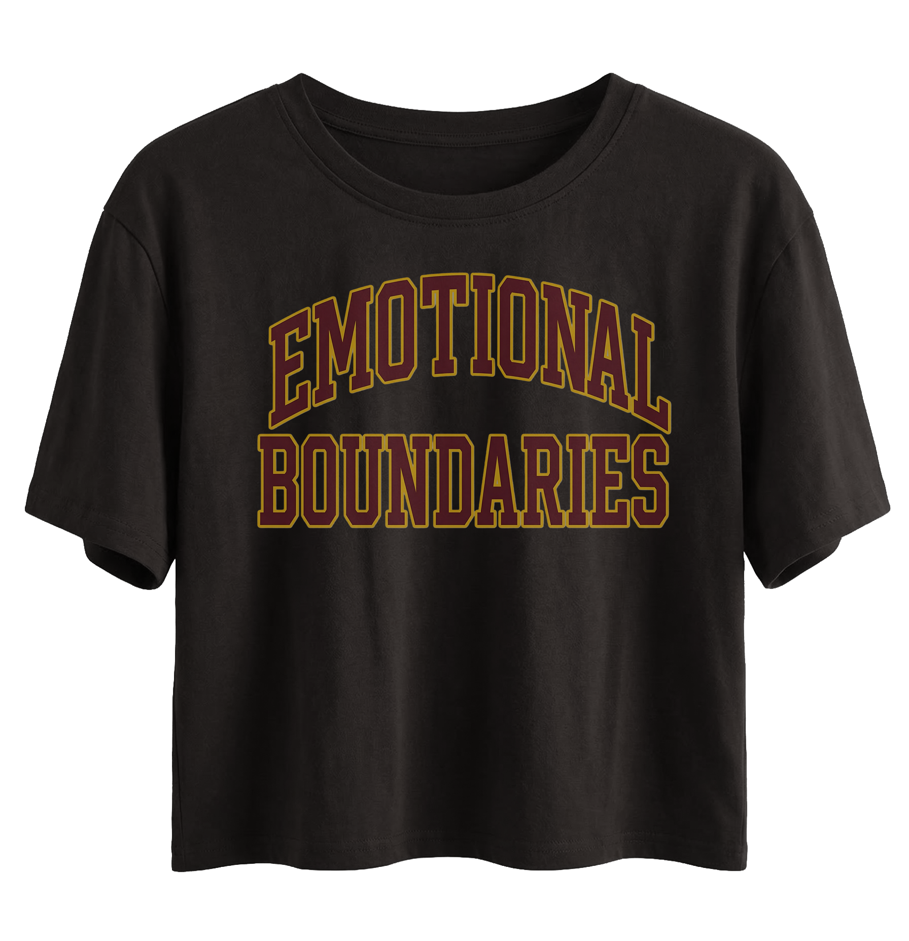Black t-shirt with 'EMOTIONAL BOUNDARIES' text in maroon on a white background