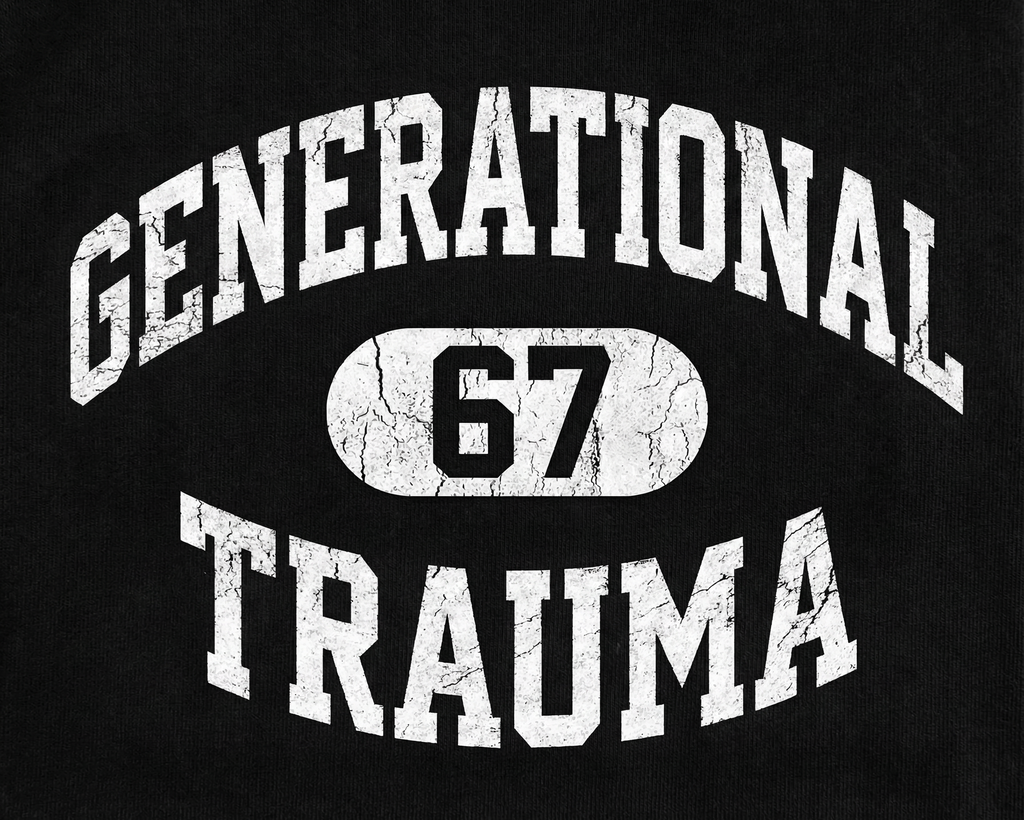 Black t-shirt with 'Generational Trauma 67' text in white on a black background