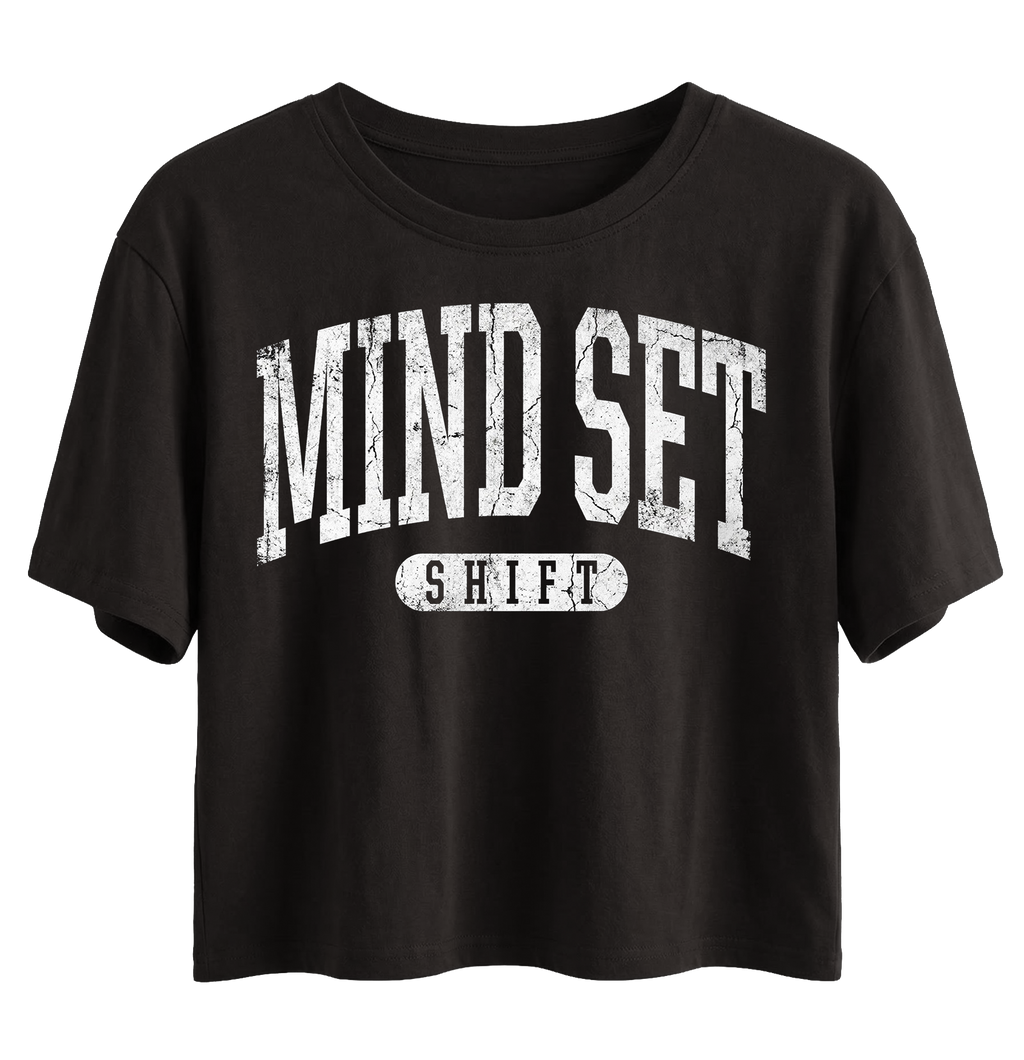 Black t-shirt with 'MIND SET SHIFT' text on a white background