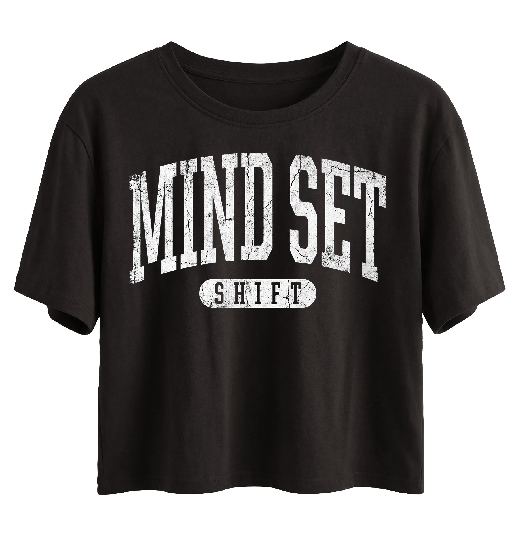 Black t-shirt with 'MIND SET SHIFT' text on a white background