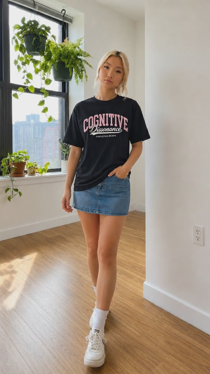 Cognitive Dissonance T-Shirt — Retro Script Graphic Tee ("Conflicting Beliefs")