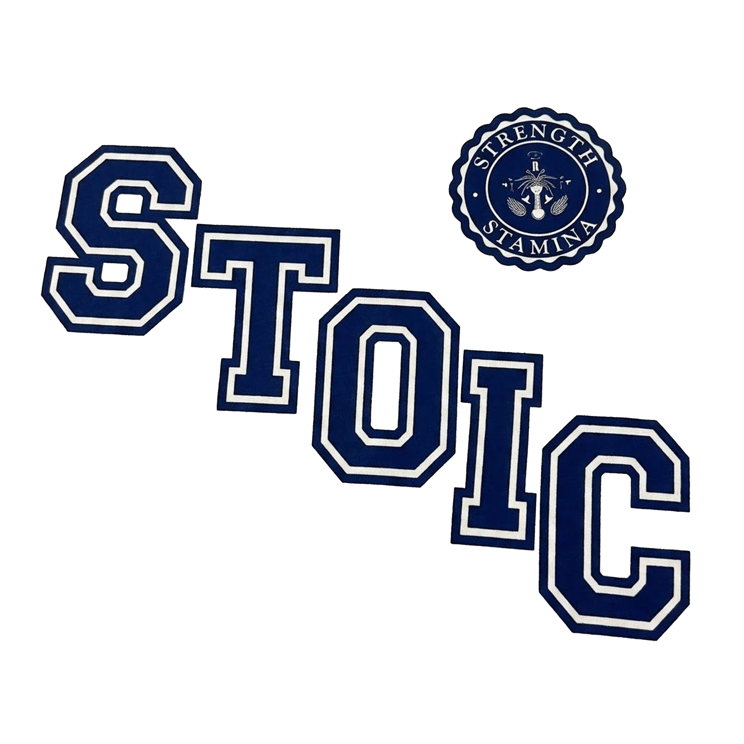Navy blue 'STOIC' text with a circular emblem on a white background